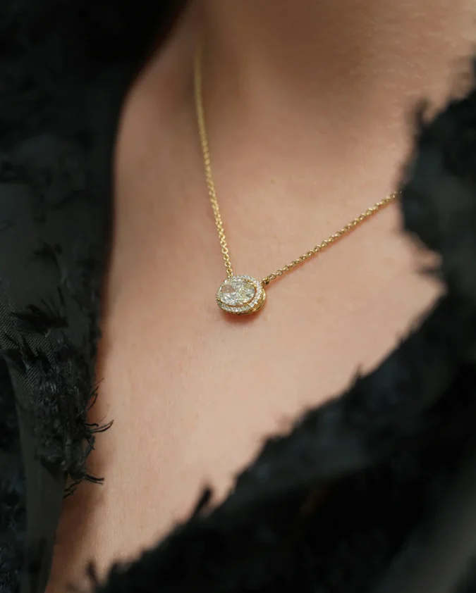 18ct Yellow Gold Oval Cut Yellow Diamond Halo Pendant