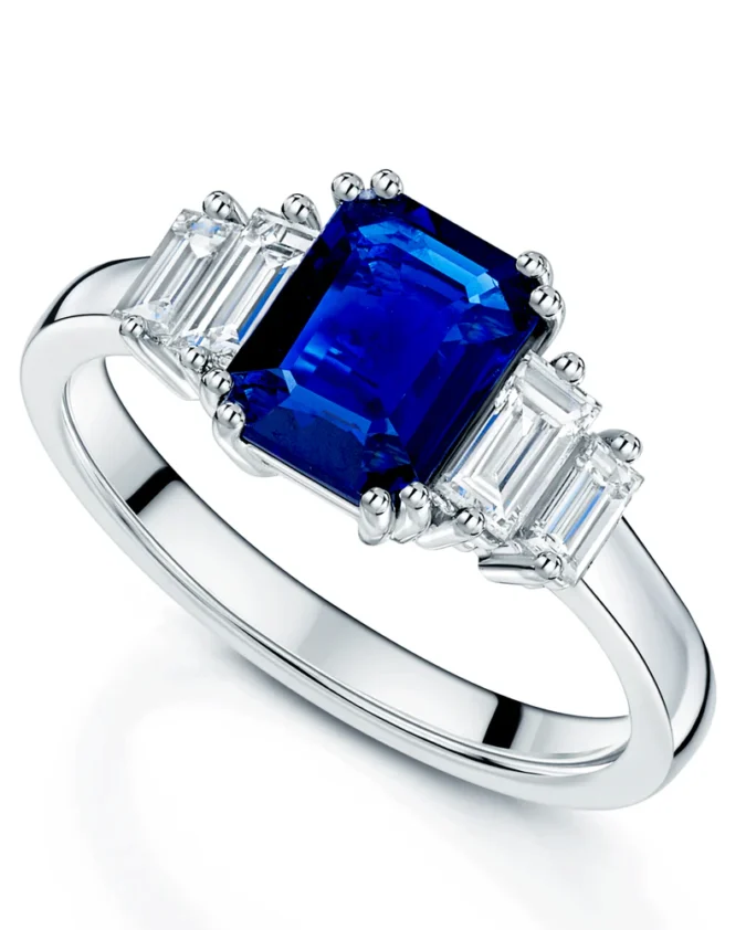 Platinum Emerald Cut Sapphire And Diamond Five Stone Dress Ring