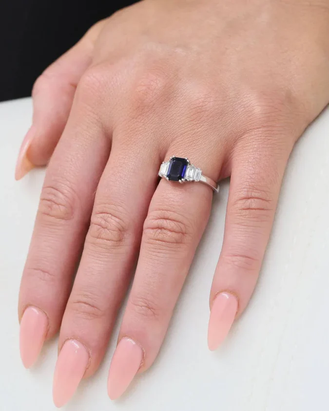 Platinum Emerald Cut Sapphire And Diamond Five Stone Dress Ring